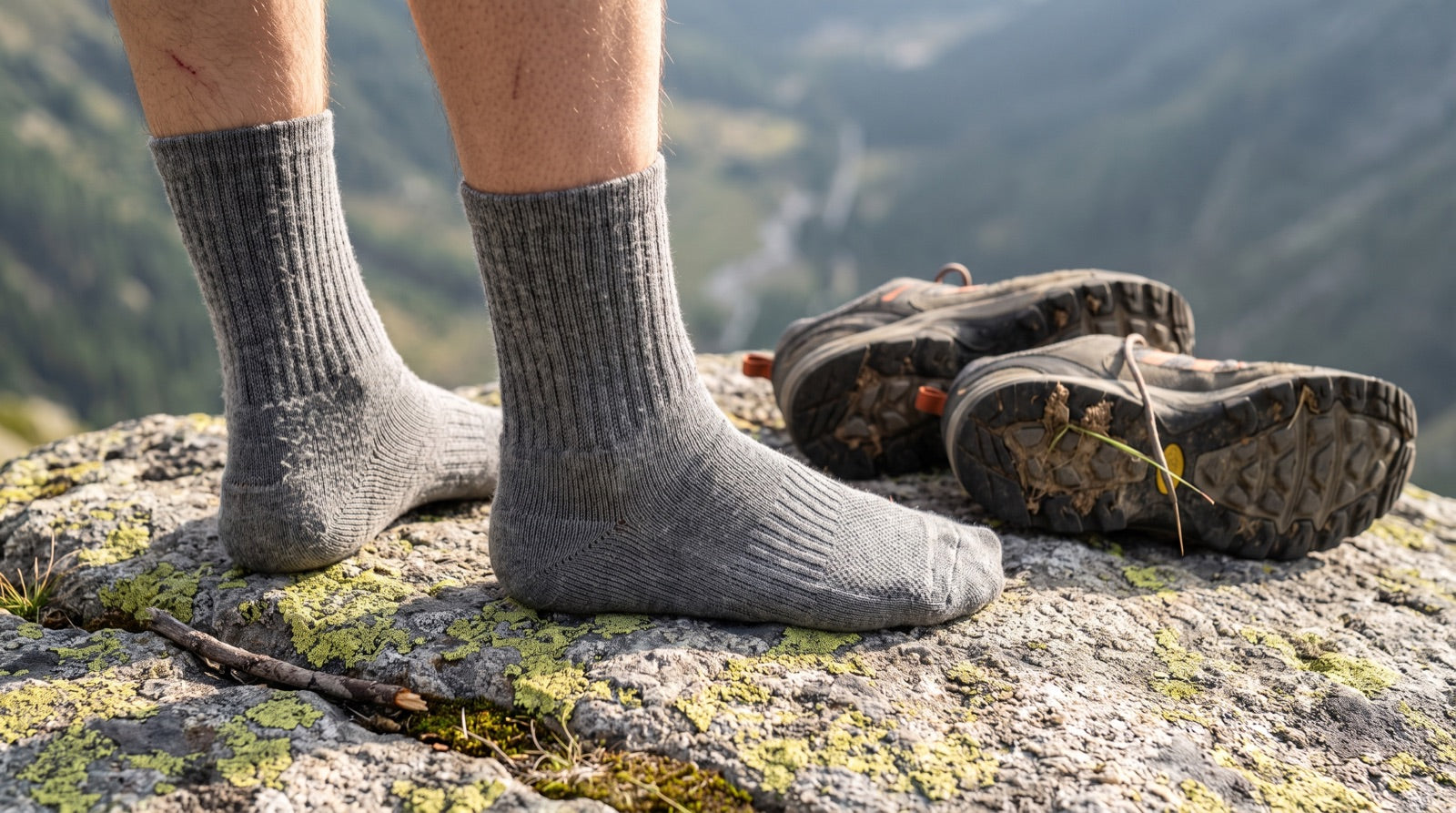 Chaussettes de randonnée en laine mérinos portées sur un rocher en montagne