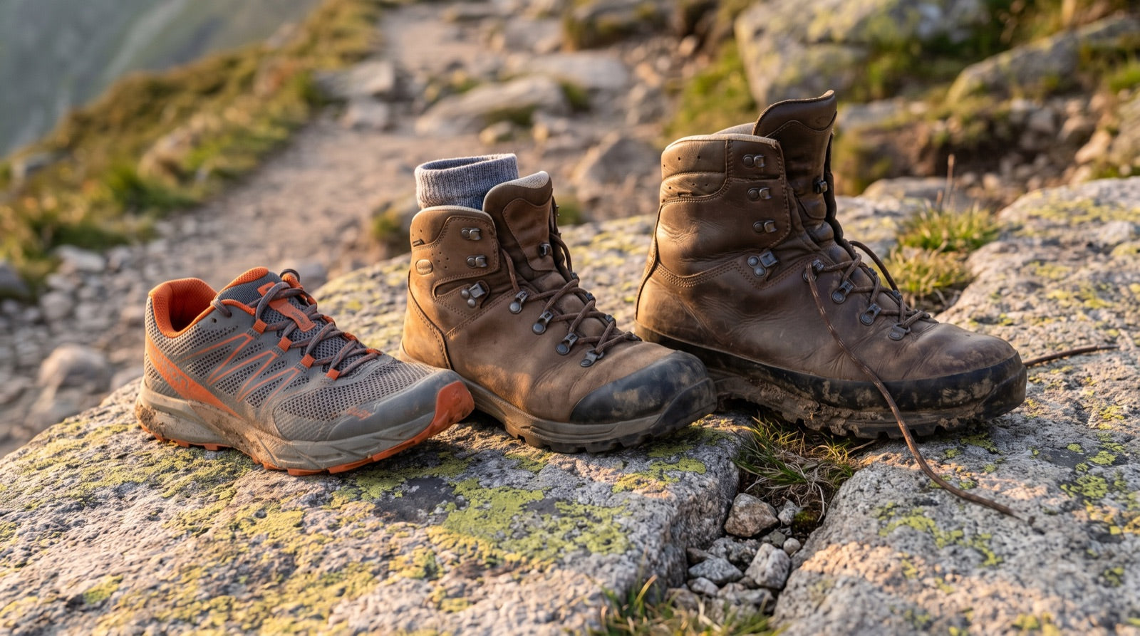 Trois paires de chaussures de randonnée à tige basse, mi-haute et haute sur une dalle de pierre Image