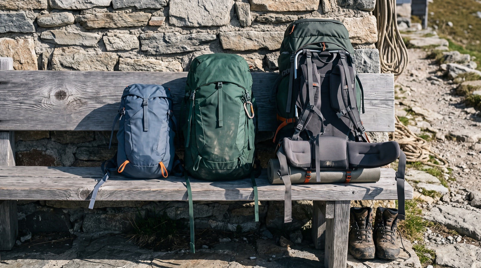 Trois sacs à dos de randonnée de 20, 40 et 65 litres alignés sur un banc de refuge Image