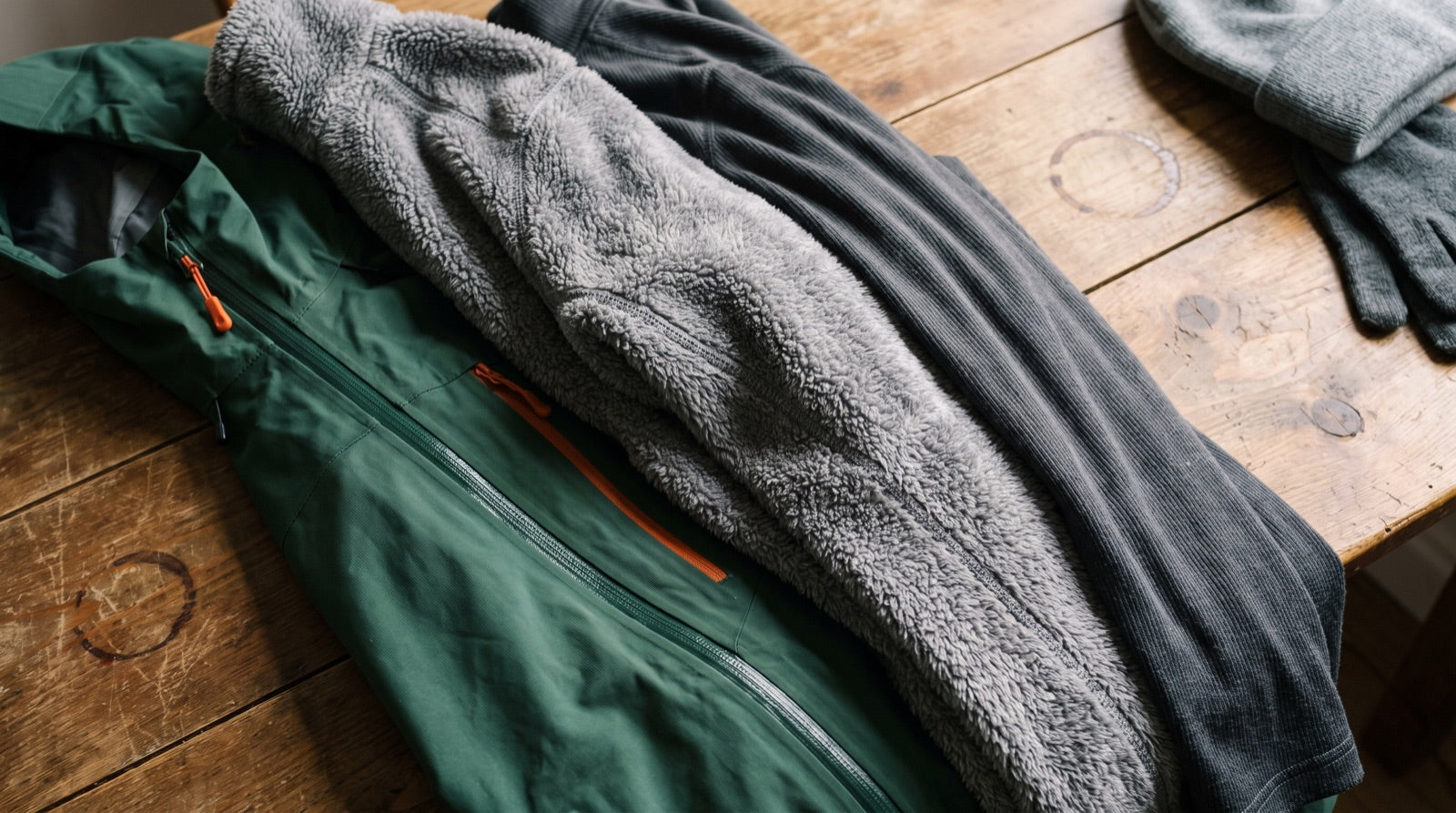 Les trois couches du système vestimentaire de randonnée : sous-vêtement technique, polaire et veste imperméable Image