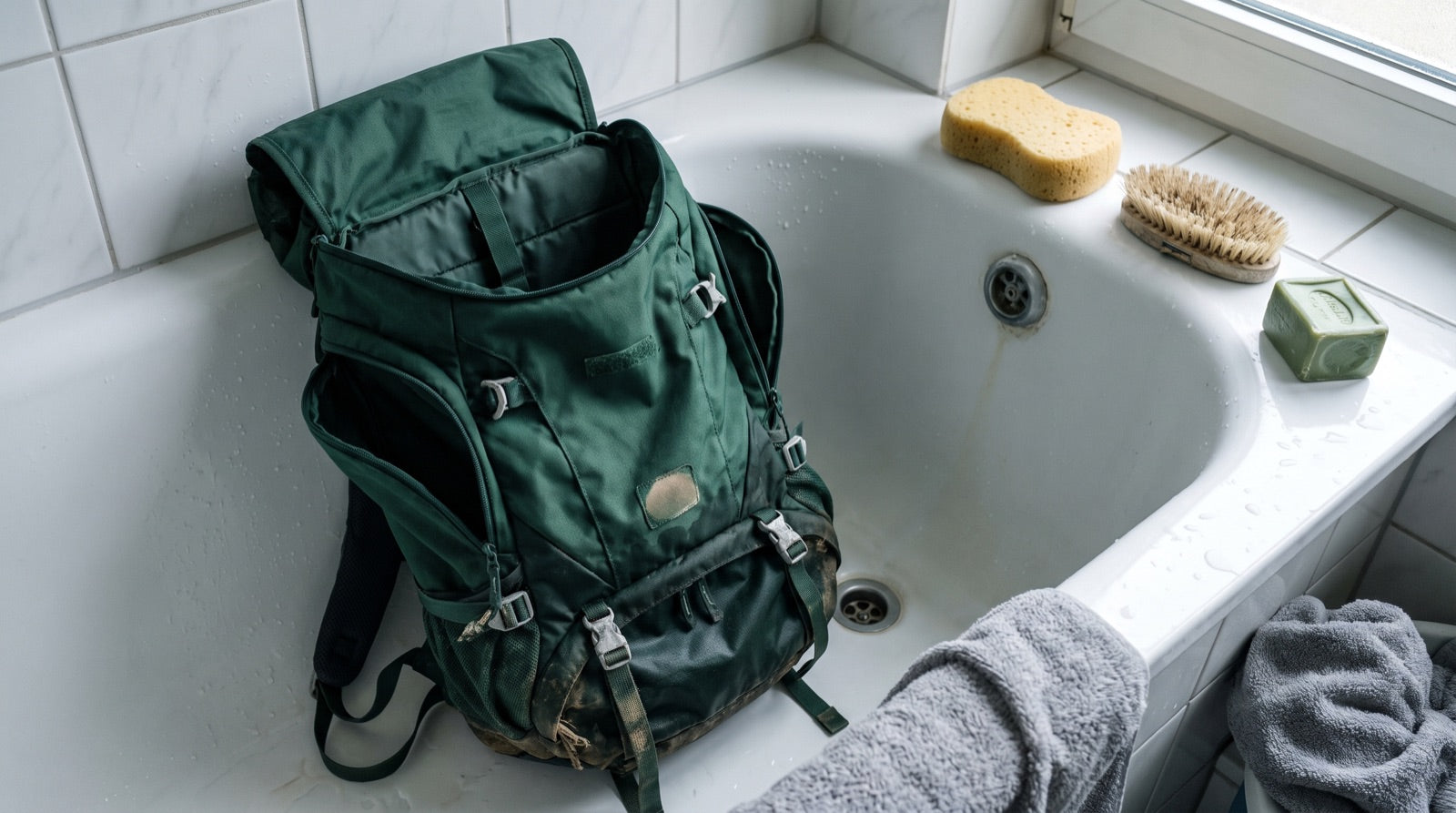 Sac à dos de randonnée en cours de lavage à la main avec éponge et savon Image