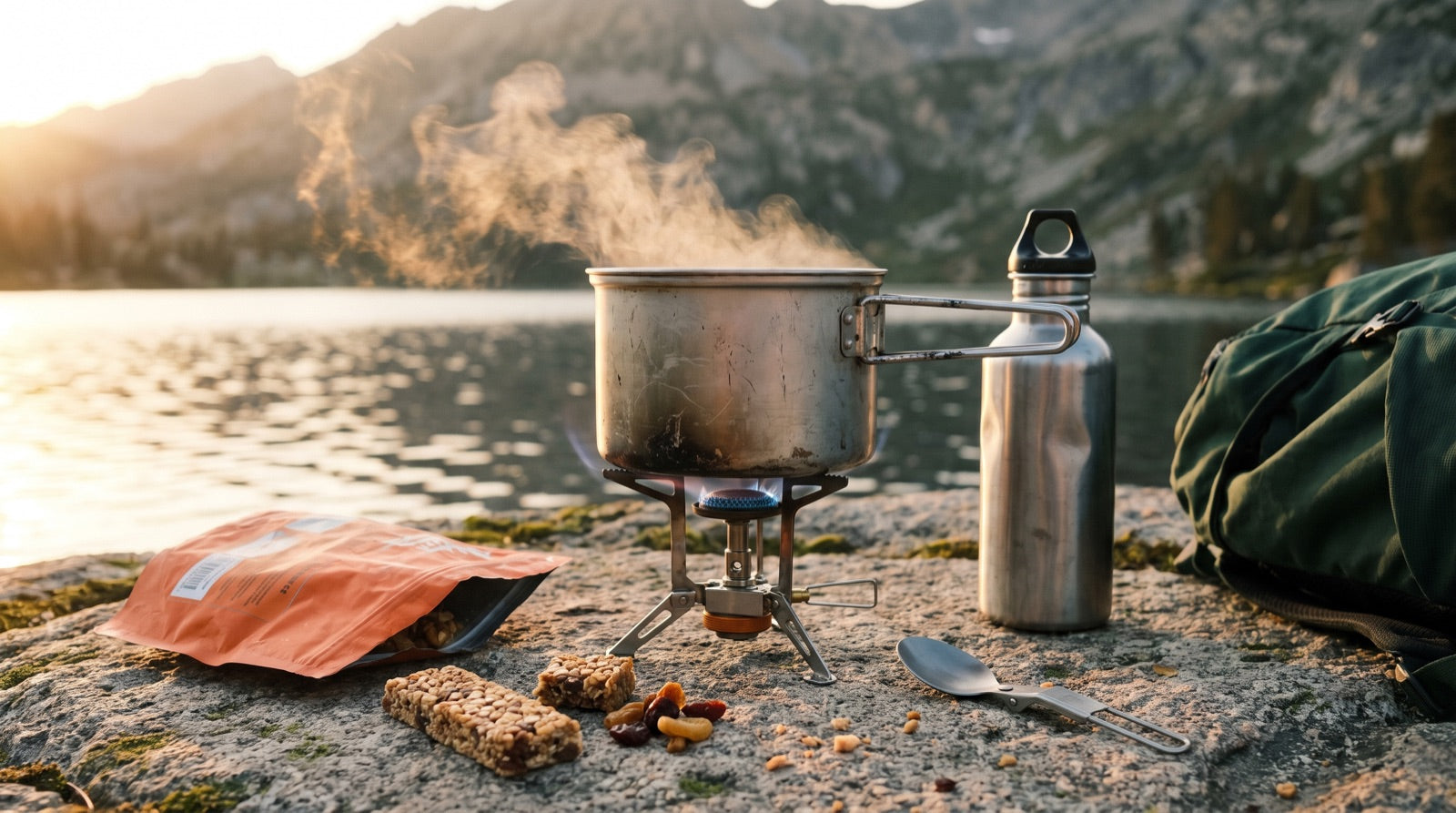 Réchaud de randonnée allumé avec popote et nourriture au bord d'un lac de montagne