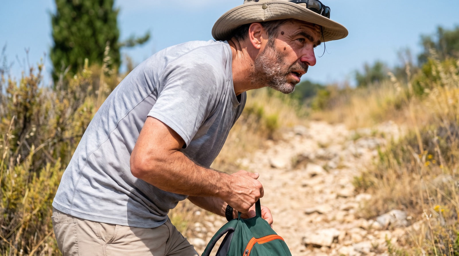 Randonneur en t-shirt technique et chapeau à large bord sur un sentier de garrigue en été Image