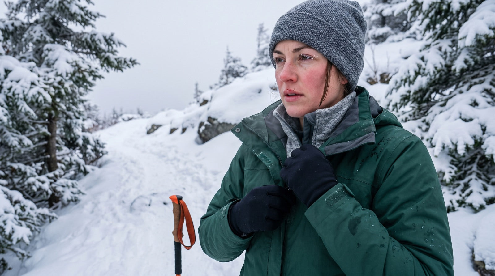 Randonneuse en veste imperméable, polaire et bonnet sur un sentier enneigé Image