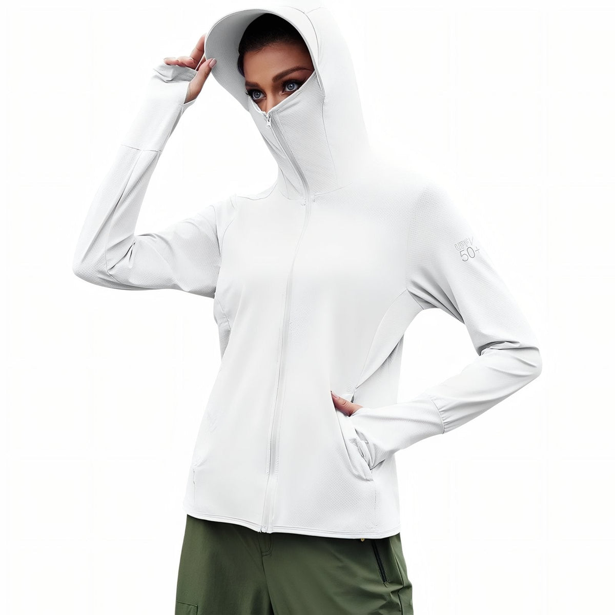 Veste Capuche Légère Randonnée Femme UPF 50+ blanc