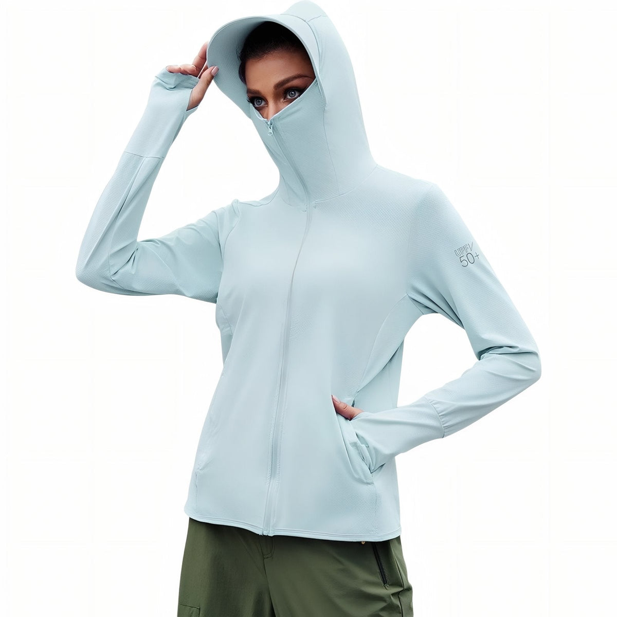 Veste Capuche Légère Randonnée Femme UPF 50+ bleu pâle